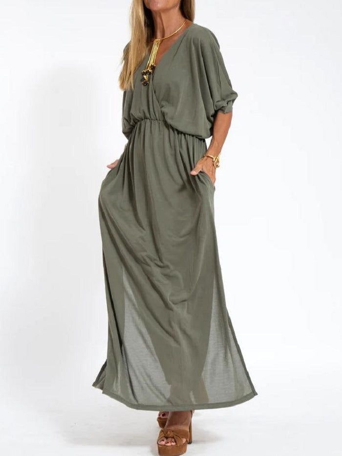 Kimberley – Robe Fendue à Taille Haute avec Col en V