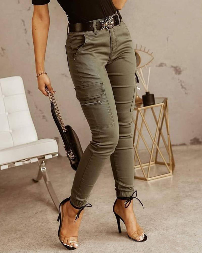Juliet – Pantalons Bas Taille à Boutons et Poches Unies