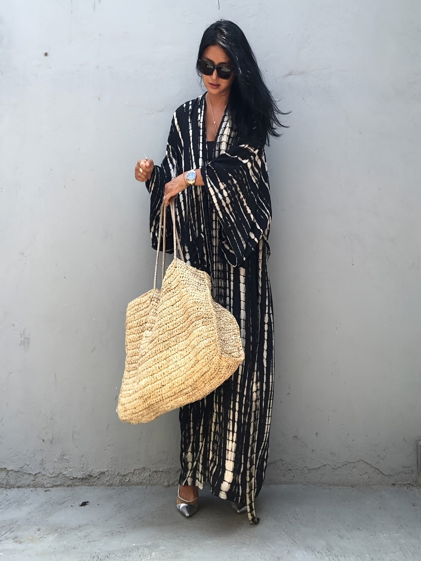 Długie kimono plażowe damskie w stylu boho chic na wakacje i basen