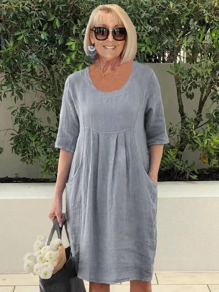Robe Tunique Midi en Coton à Poches de Couleur Unie