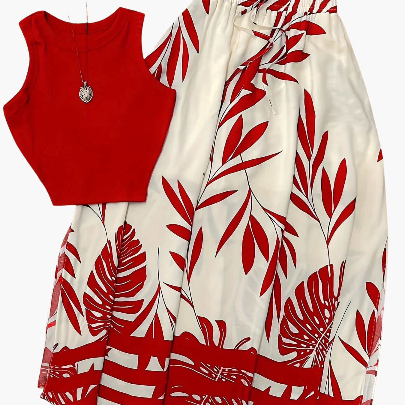 Ensemble féminin style vacances chic à motifs tropicaux - Haut sans manches et jupe longue avec taille froncée