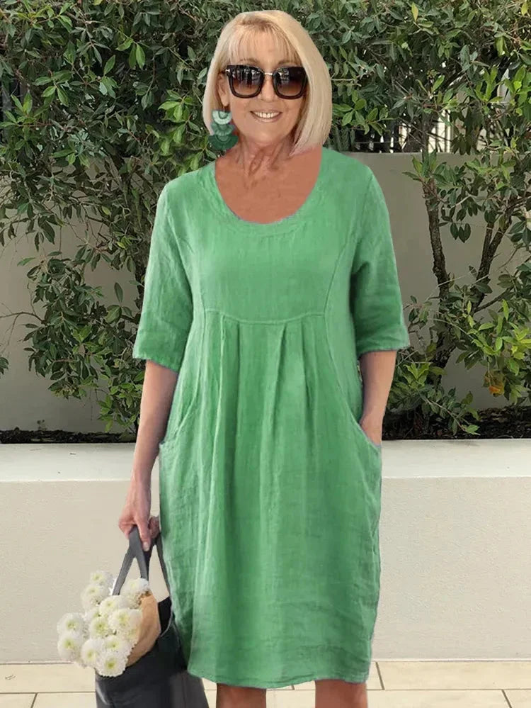 Robe Tunique Midi en Coton à Poches de Couleur Unie