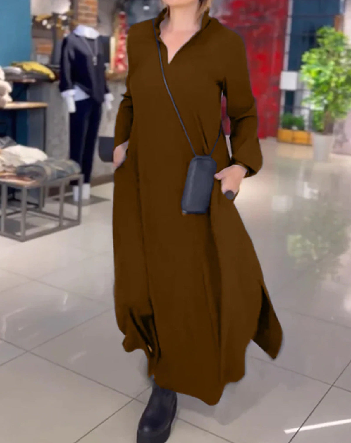 Deborah – Robe Longue Décontractée à Manches Longues et Col V