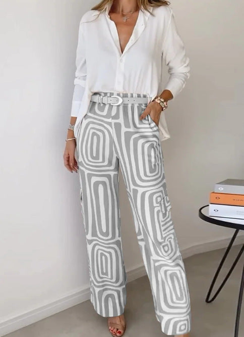 Megan – Ensemble Chemise à Manches Longues et Pantalon à Jambe Large Imprimé