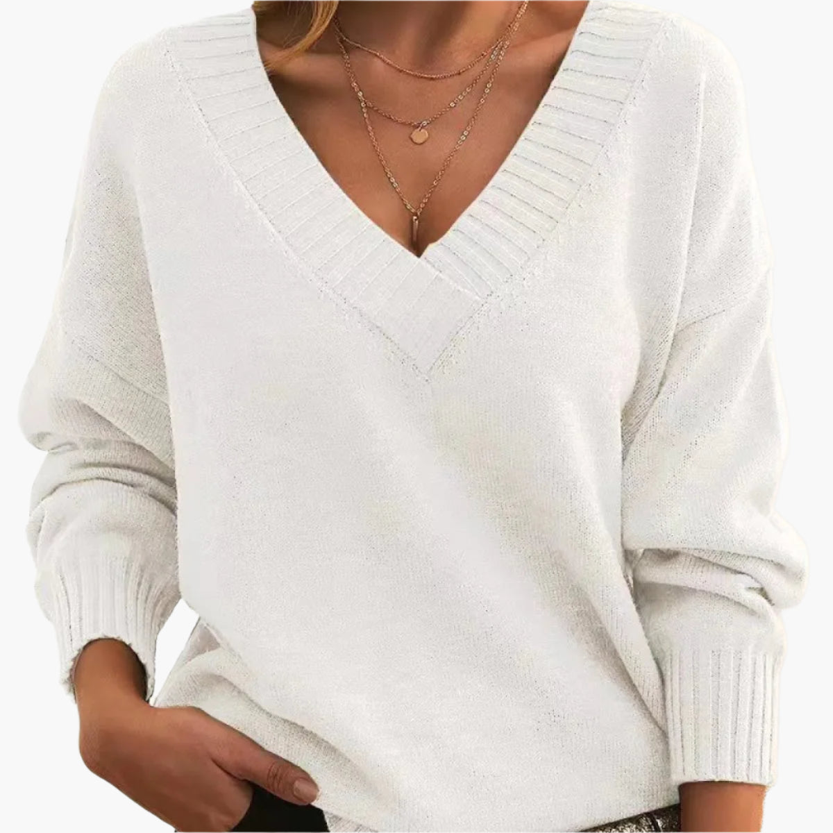 Pull col V chic femme pour l'hiver, style élégant et décontracté à manches longues