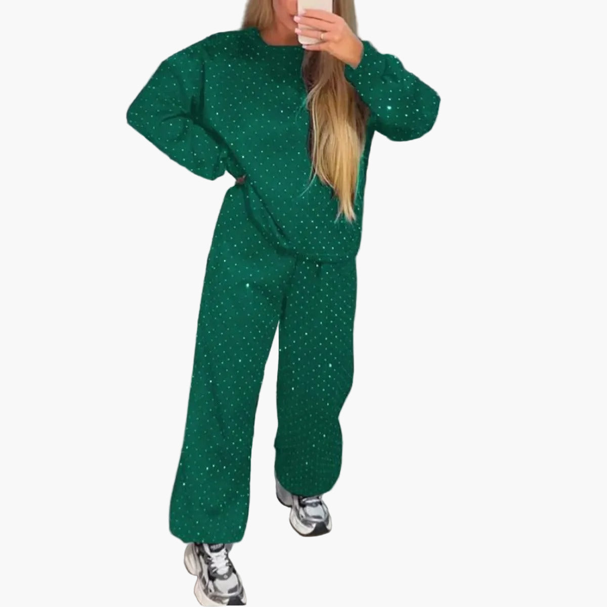 Ensemble décontracté femme style streetwear à motif à pois – Haut ample et pantalon large pour look tendance