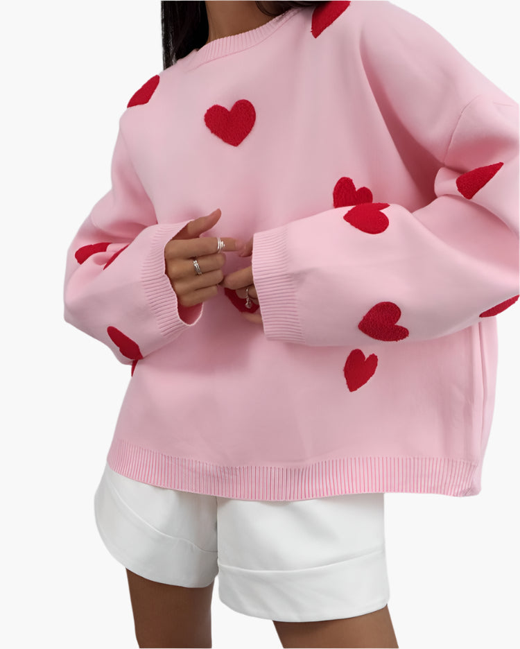 Sweat-shirt oversize femme style cocooning à motifs cœurs – Confort et tendance pour la maison ou la détente