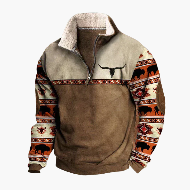 Pull polaire zippé style western pour homme – Sweat à motif ethnique manches longues, look décontracté et chaud