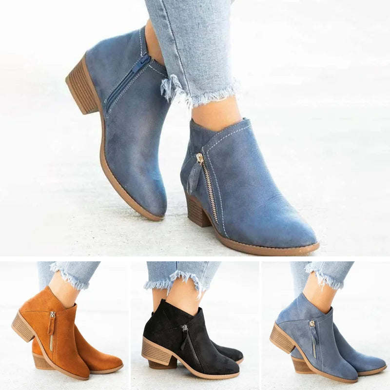 Bottines Femme à Talon Bloc Style Décontracté avec Fermeture Éclair Latérale