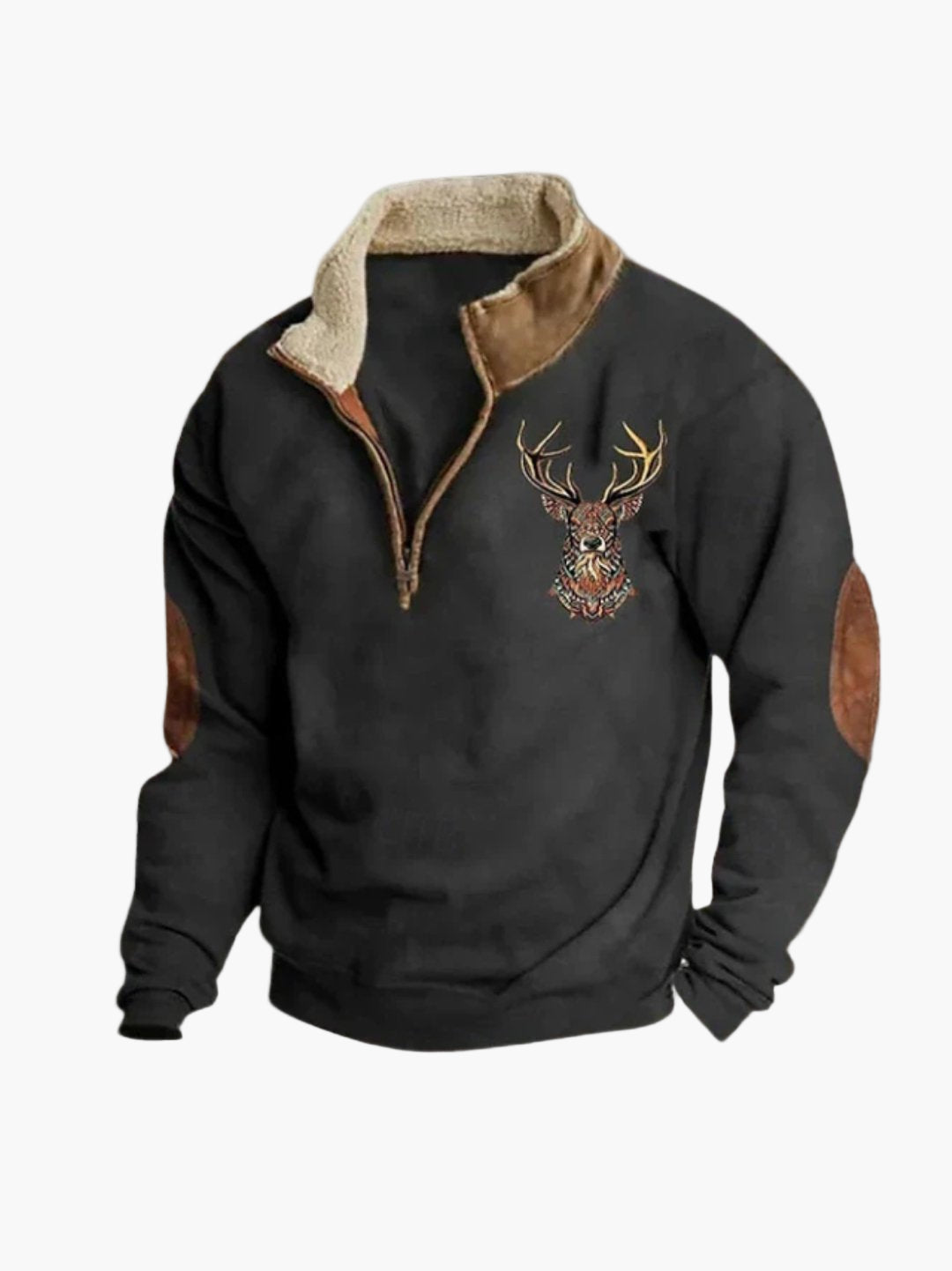 Sweat-shirt homme quart-zip style décontracté avec motif cerf brodé, confortable et chaud