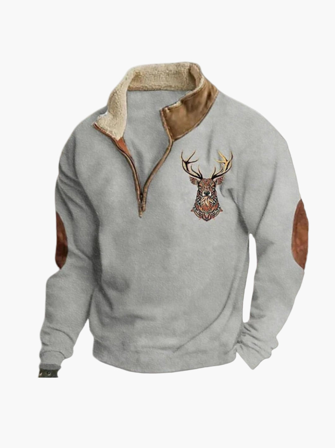 Sweat-shirt homme quart-zip style décontracté avec motif cerf brodé, confortable et chaud