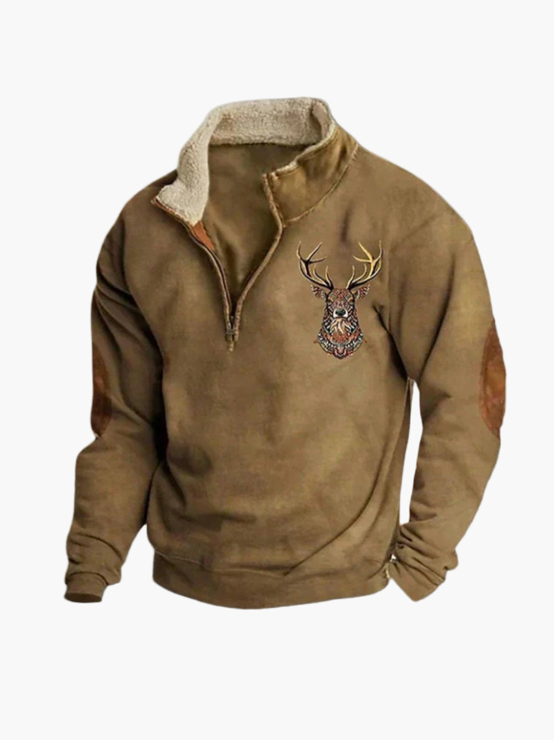 Sweat-shirt homme quart-zip style décontracté avec motif cerf brodé, confortable et chaud