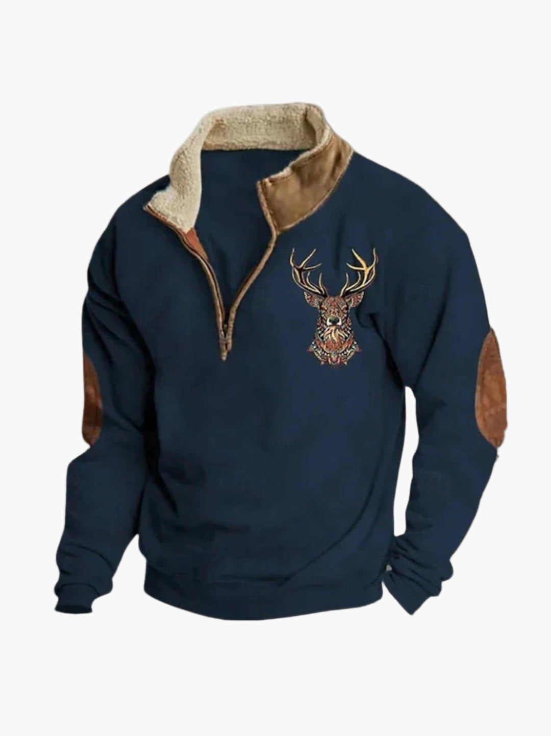 Sweat-shirt homme quart-zip style décontracté avec motif cerf brodé, confortable et chaud