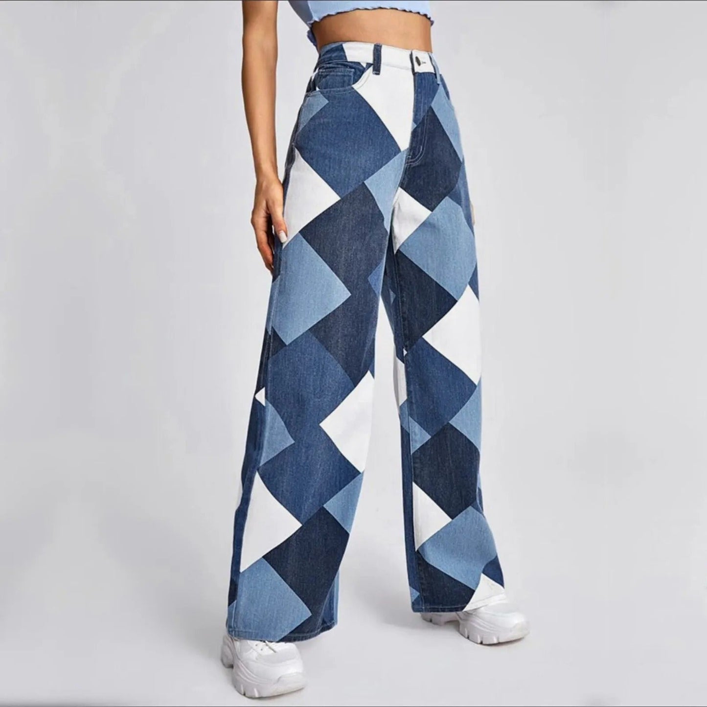 Pantalon en Jean à Motifs Géométriques