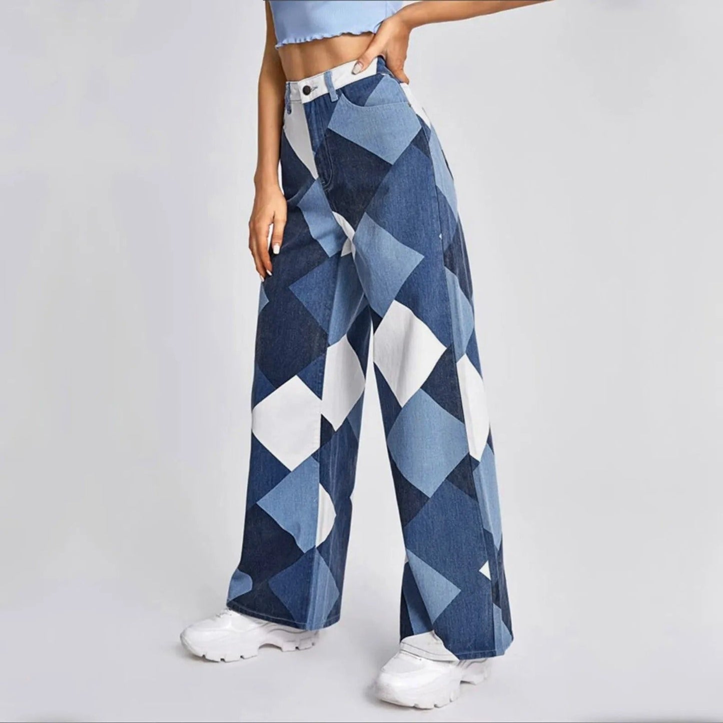 Pantalon en Jean à Motifs Géométriques