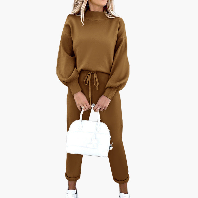 Ensemble de Loungewear Femme Style Décontracté avec Sweat Col Montant et Pantalon Taille Haute