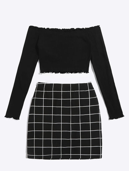 Chic damesensemble met ruitjes en off-shoulder stijl – ideaal voor lente en zomer