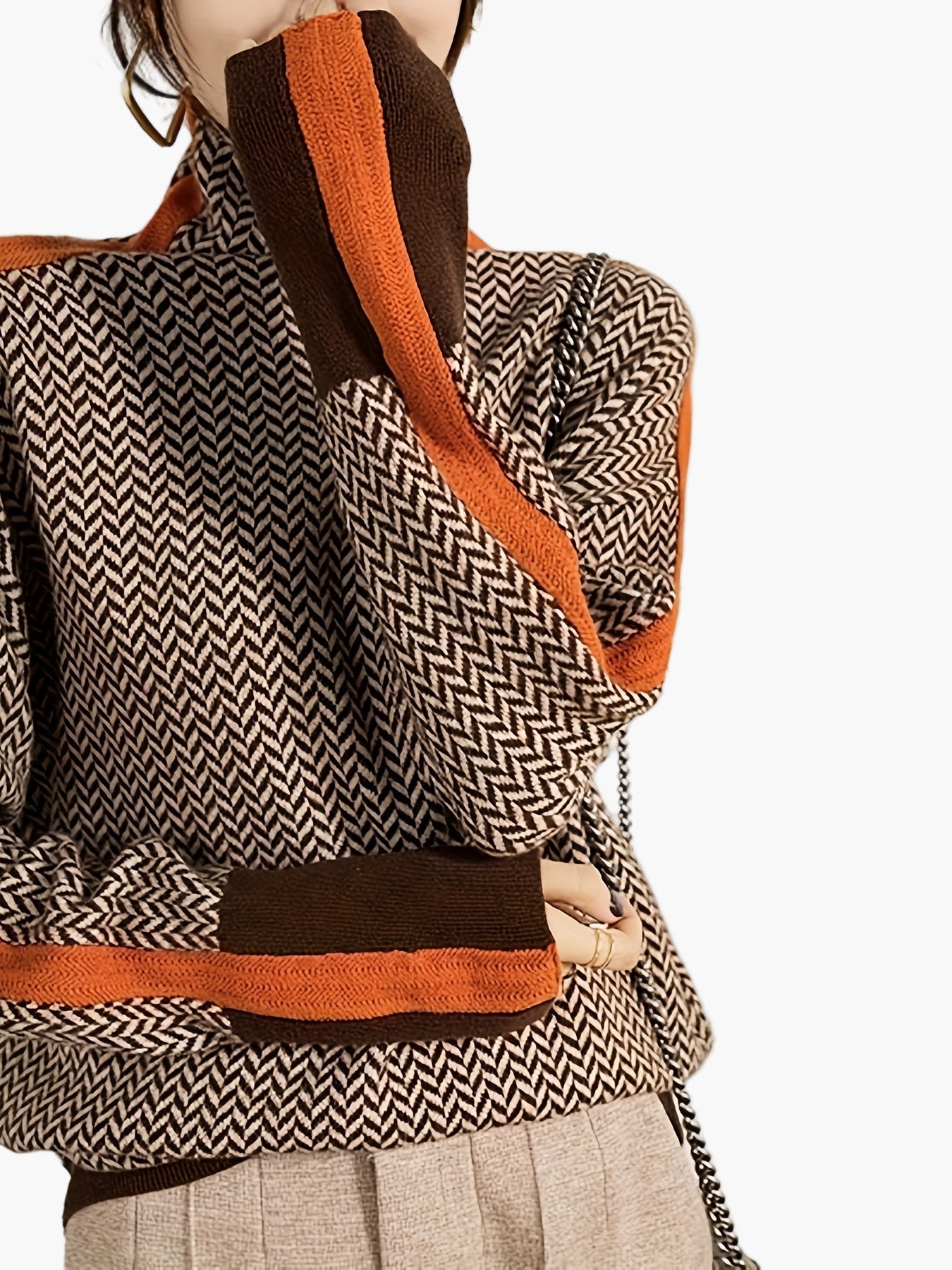 Pull Hiver Femme Col Montant Motif Géométrique Style Élégant Décontracté