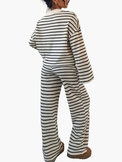 Ensemble Femme Élégant Pull Loose à Rayures et Pantalon Large Style Décontracté Automne-Hiver