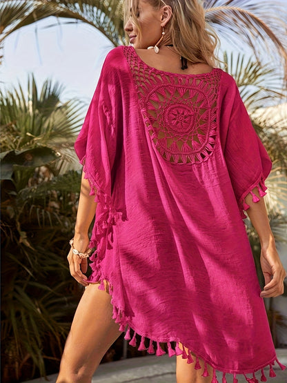 Vestido de playa bohemio chic para mujer con bordado calado y corte amplio – ideal para vacaciones y piscina
