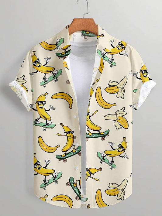 Men's casual shirt with funny banana pattern on skateboard, summer and original style