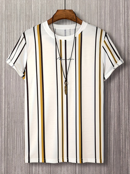 Męski t-shirt z krótkim rękawem w nowoczesnym stylu z pionowymi paskami na modny miejski look