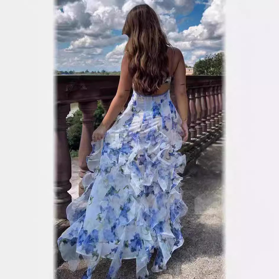 Robe longue femme style féérique élégante à imprimé floral pour soirées et événements