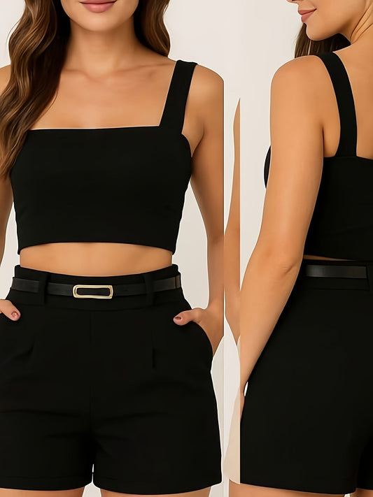 Elegant women's set – Crop top with wide straps and high-waisted shorts with belt – Chic summer outfit