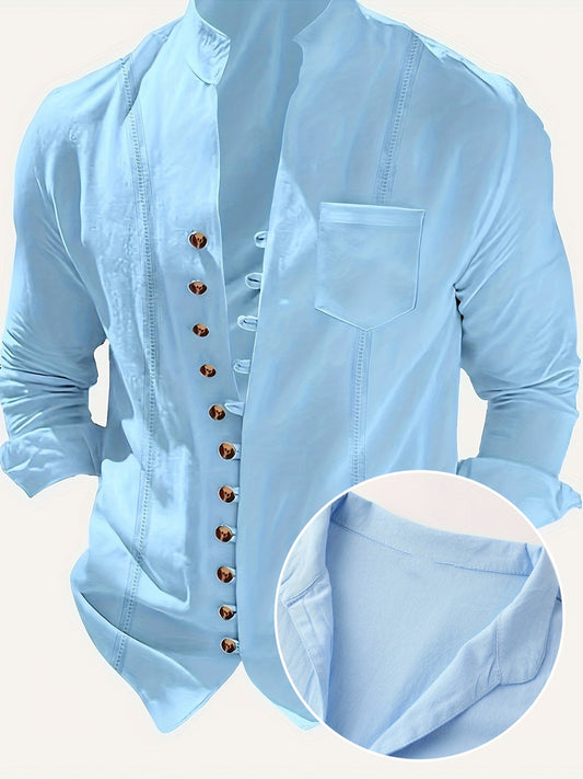Men's casual shirt with vintage-style stand-up collar for weekend and leisure