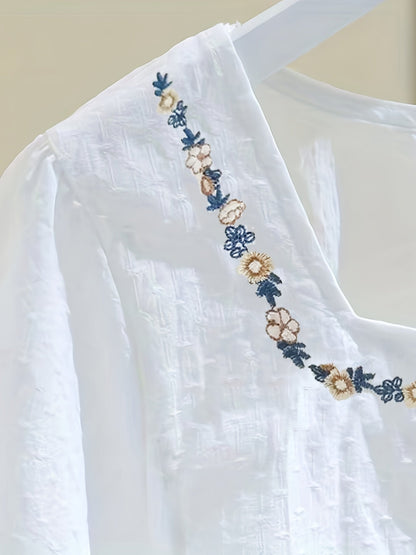 Blouse femme élégante à col carré et broderies florales, style décontracté printemps-été
