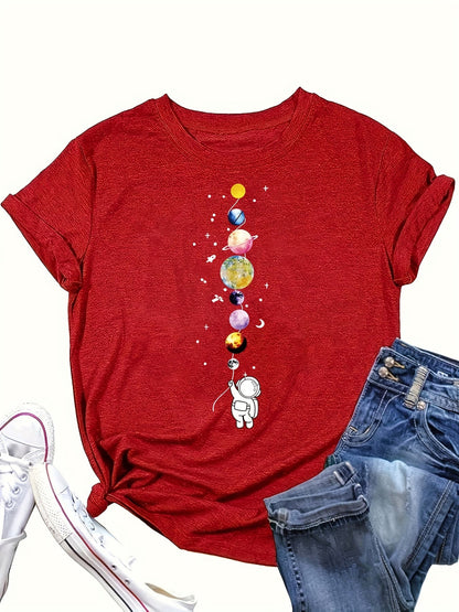 Women's casual style T-shirt with astronaut and planets design, space-inspired, ideal for science enthusiasts and urban fashion fans