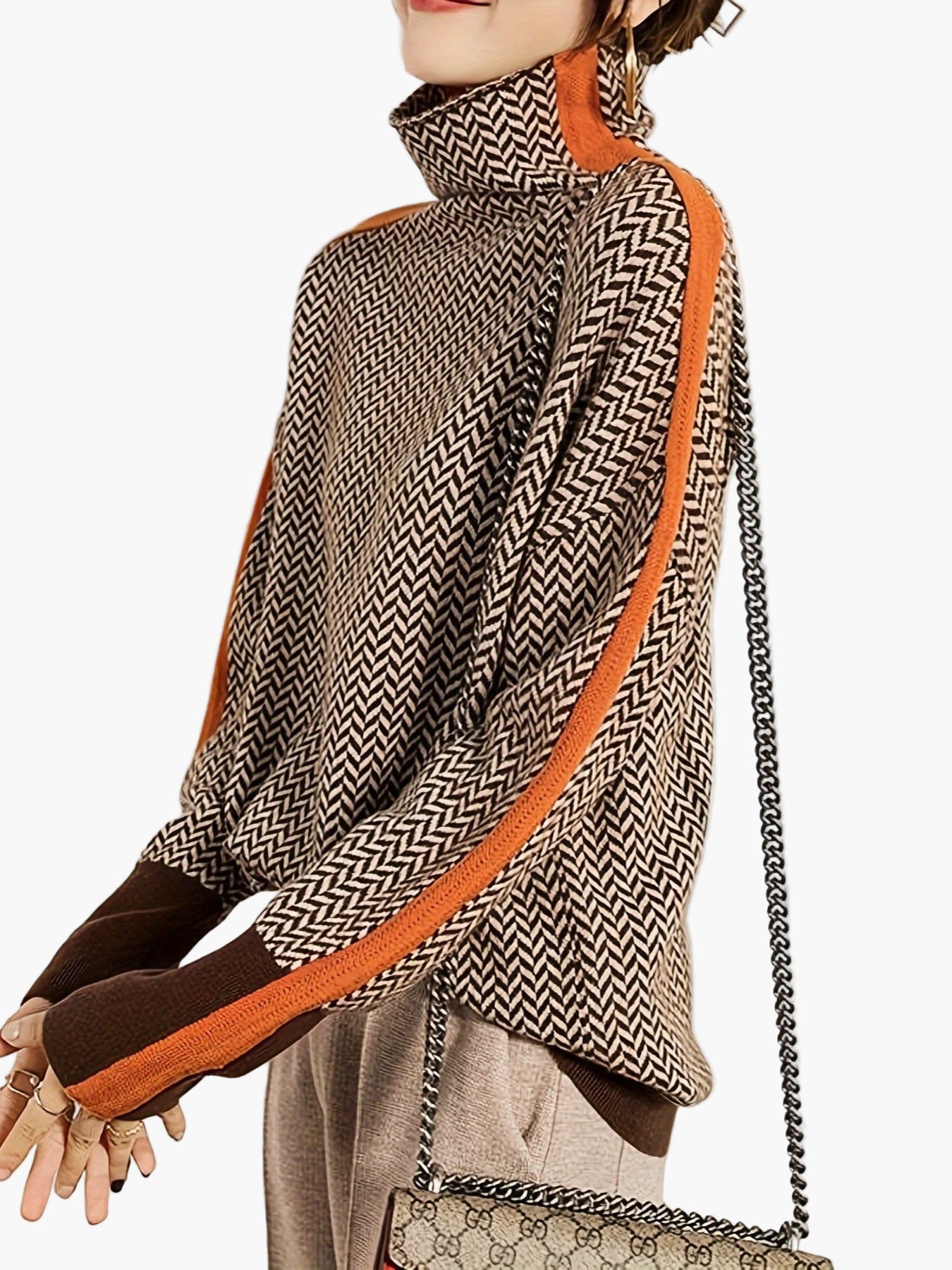 Pull Hiver Femme Col Montant Motif Géométrique Style Élégant Décontracté