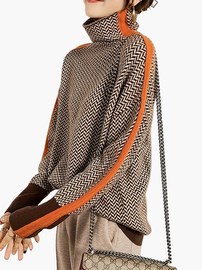 Pull Hiver Femme Col Montant Motif Géométrique Style Élégant Décontracté