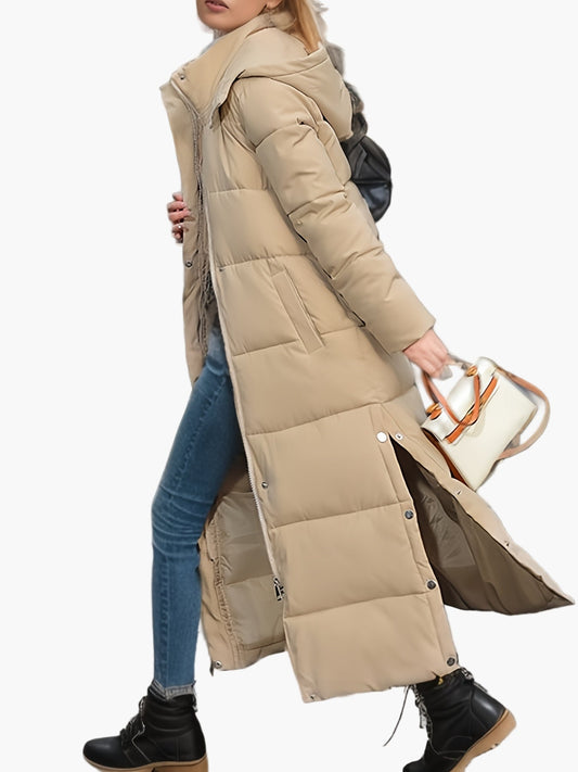 Manteau long matelassé à capuche pour femme, style élégant hiver, usage urbain et décontracté