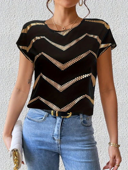 Elegant damt-shirt med geometriskt mönster för vardags- eller kvällslook