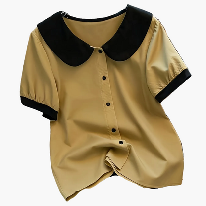 Chemisier élégant pour femme à col Claudine style rétro, manches courtes, idéal pour le bureau ou les sorties