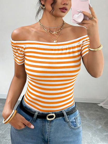 Top Women Off-Shoulder Bardot Style Striped – Elegant and Modern for Casual or Chic Look