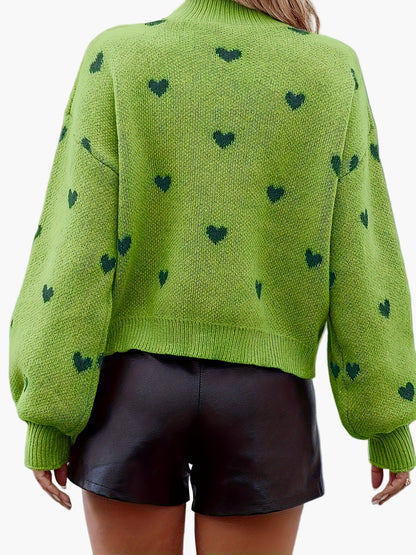 Pull décontracté à motif cœur pour femme, style automne-hiver, col montant tendance