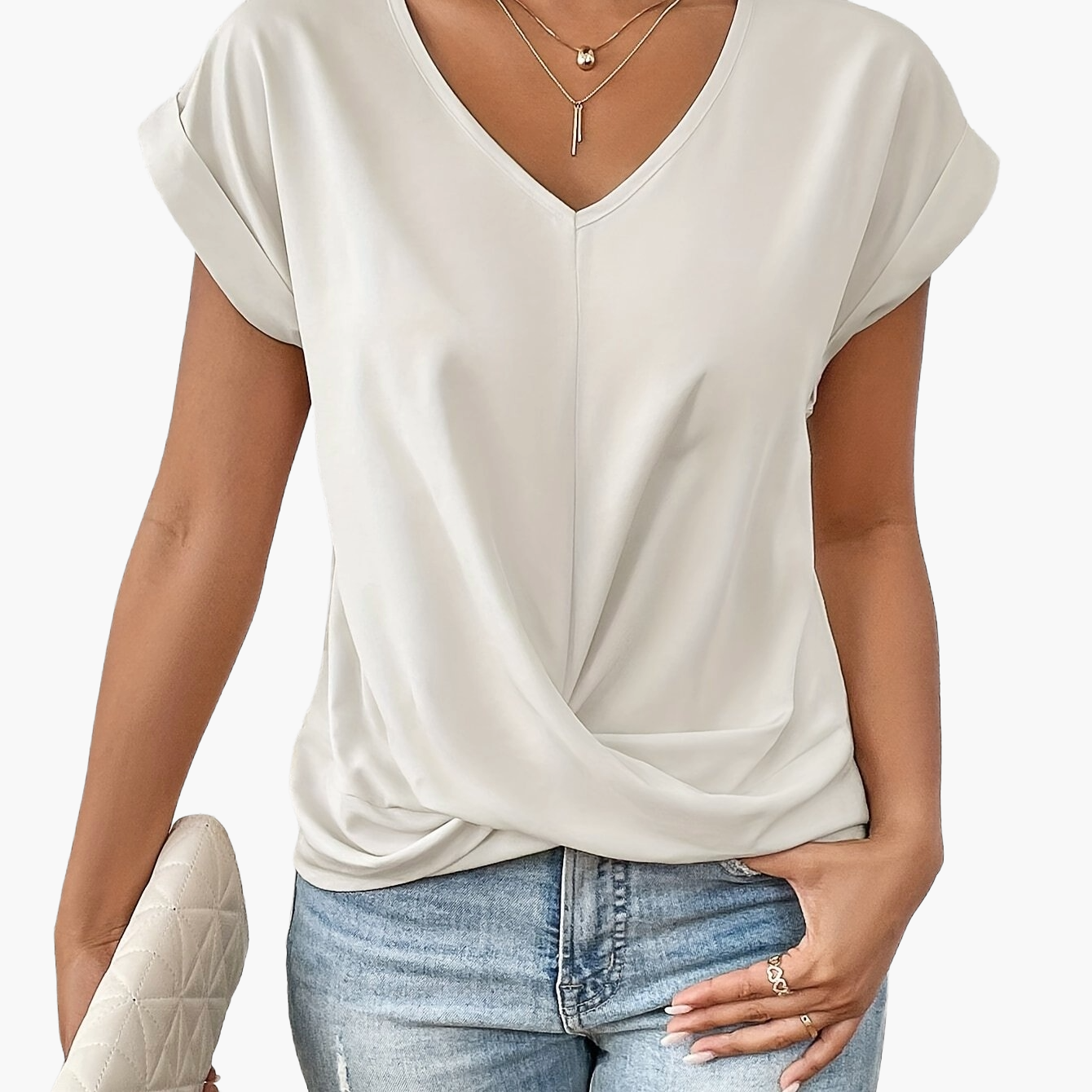 Elegant Women's Blouse Casual Style V-Neck Short Sleeves for Office and Outings