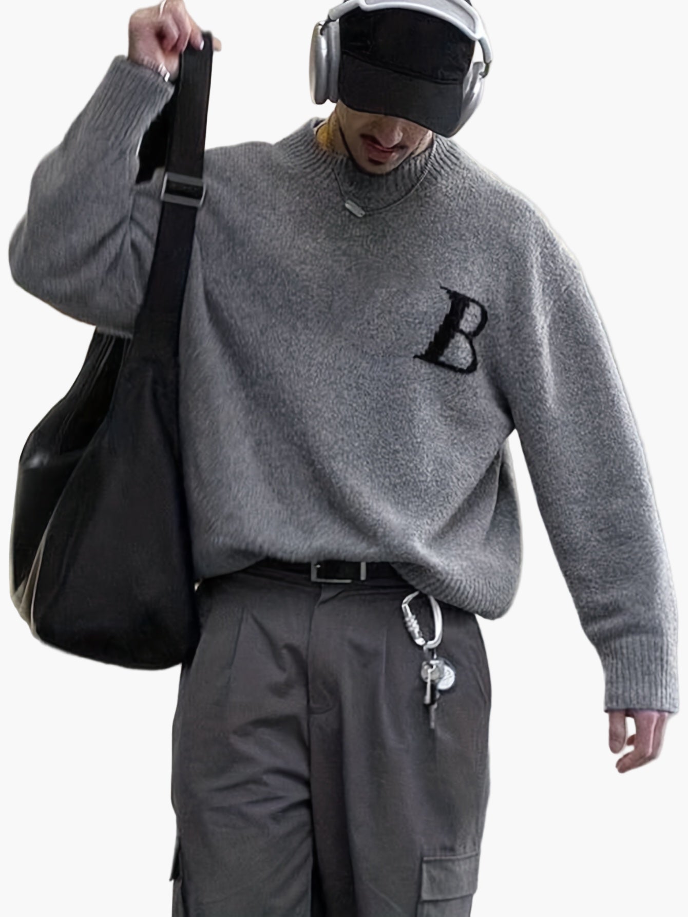 Pull streetwear décontracté pour homme avec lettre B, style tendance automne-hiver