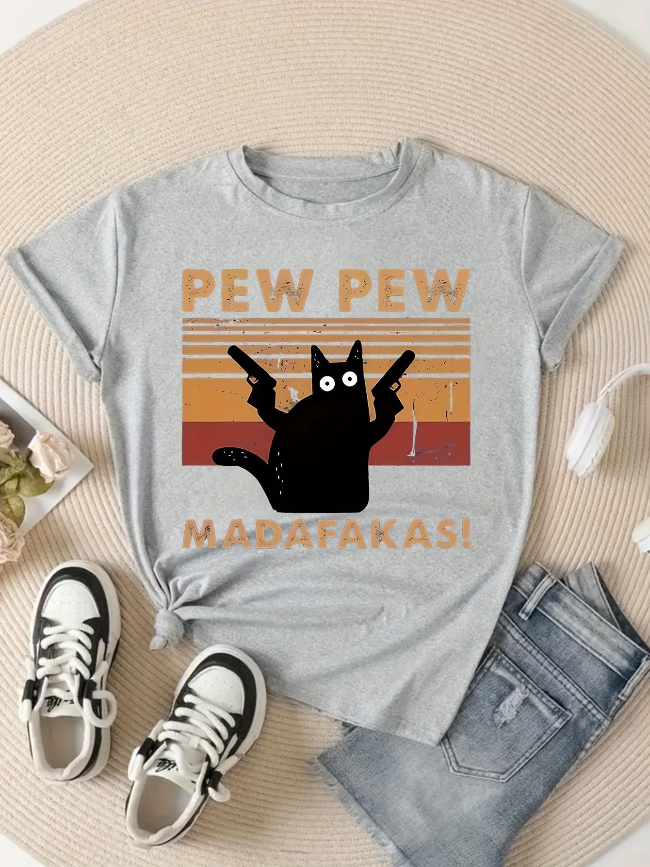 T-shirt humoristique homme style rétro chat "Pew Pew Madafakas" - Casual été