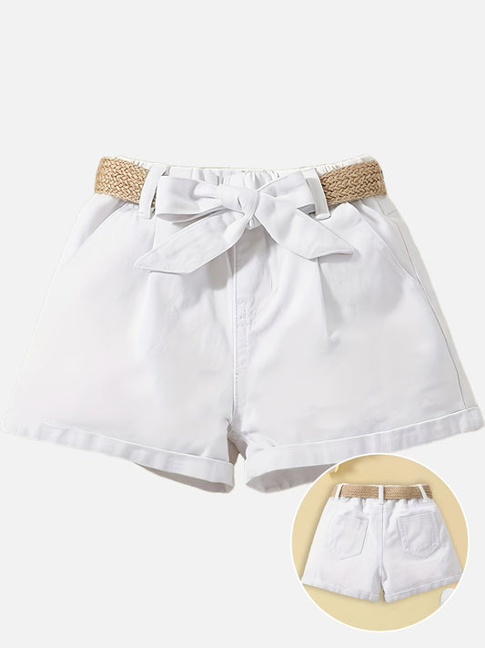 Women's high-waisted paperbag style shorts with belt and elegant bow for summer
