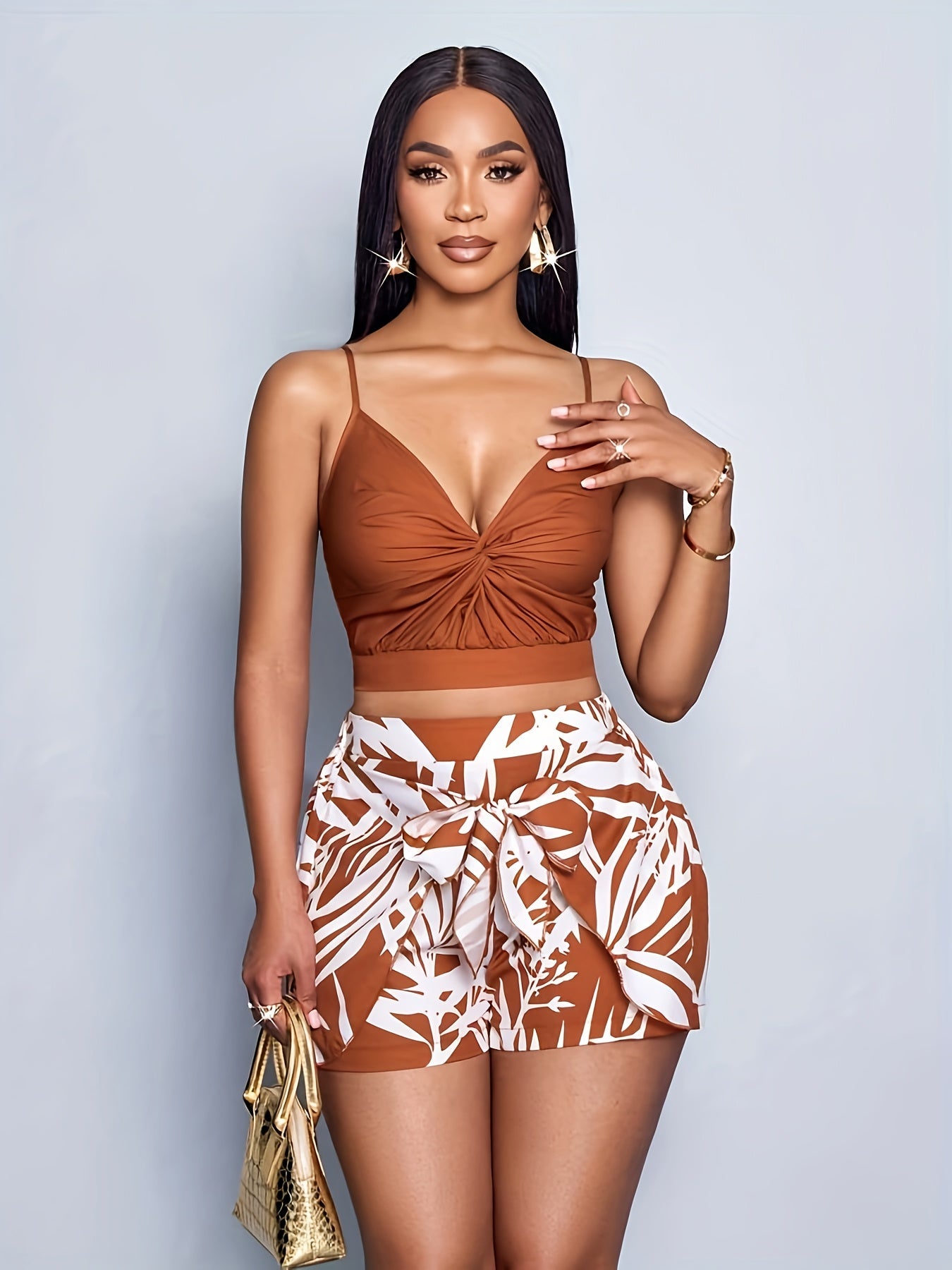 Ensemble coordonné chic pour femme – Style tropical vacances, crop top et short imprimé moderne
