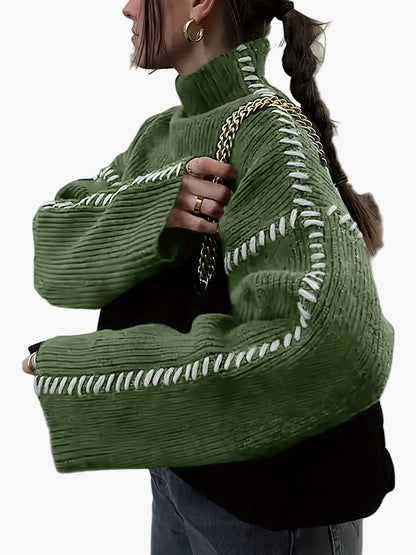 Pull femme style décontracté col montant manches larges détails couture tendance automne hiver