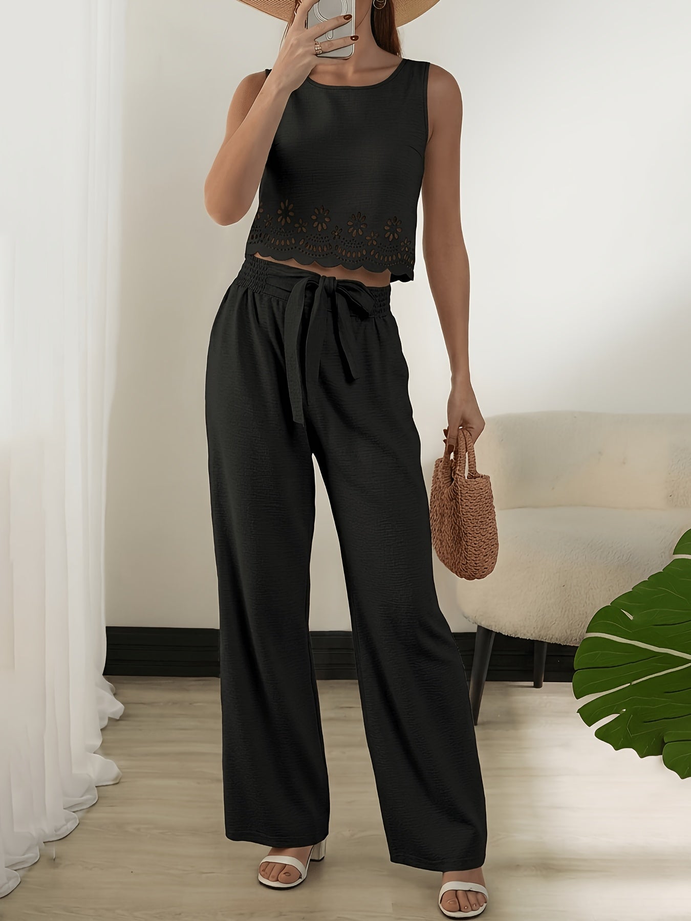 Tweedelig damesensemble elegante stijl met uitgesneden crop top en wijde hoge taille broek voor lente/zomer