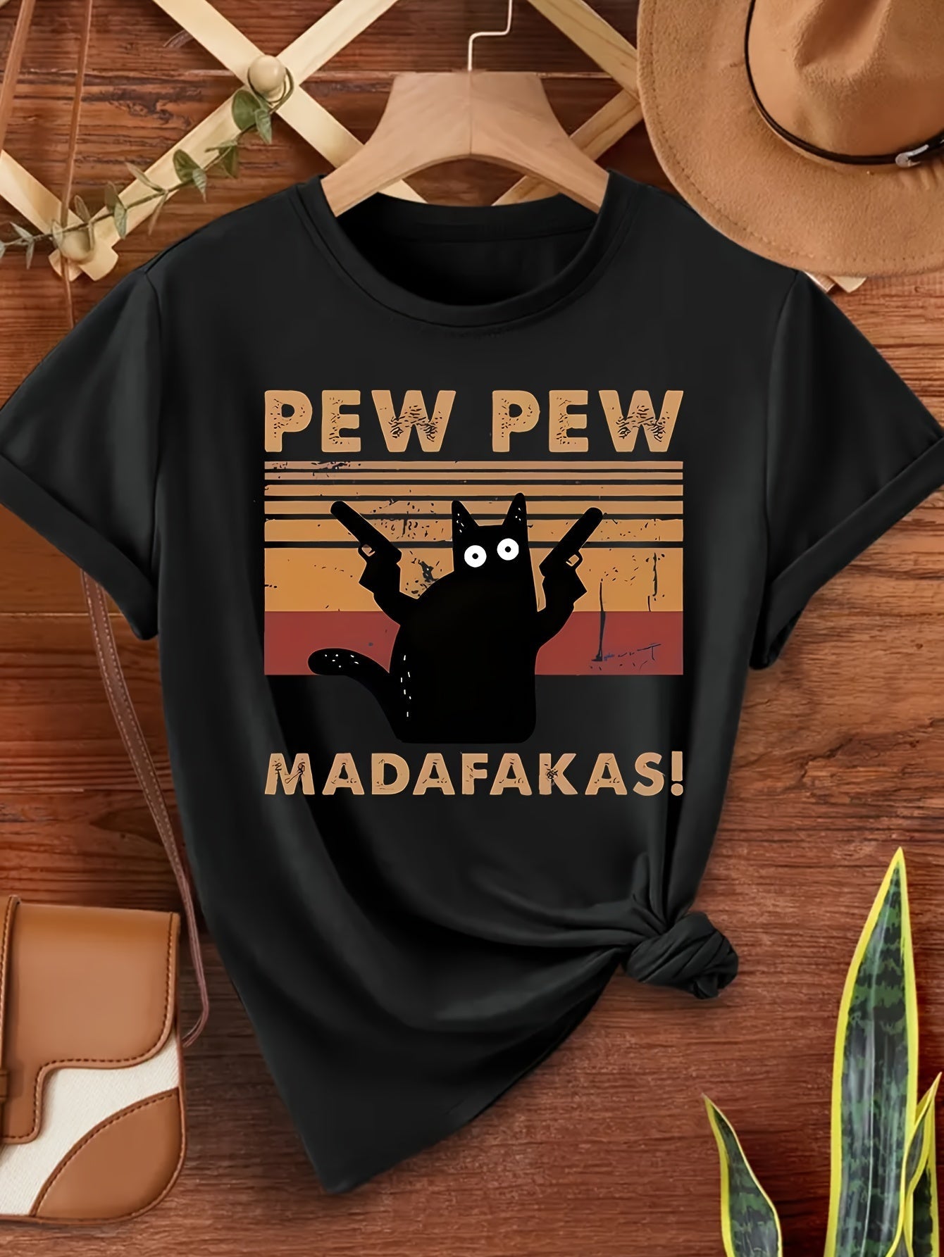 T-shirt humoristique homme style rétro chat "Pew Pew Madafakas" - Casual été
