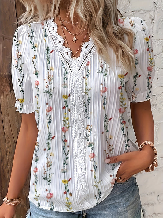 Blusa donna elegante a maniche corte, collo volant, stampa floreale, stile casual chic