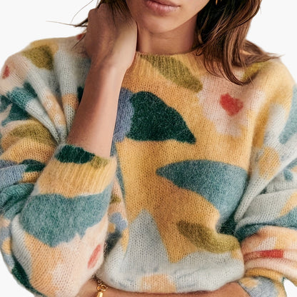 Pull femme élégant style artistique pour automne/hiver - motif floral abstrait, coupe moderne
