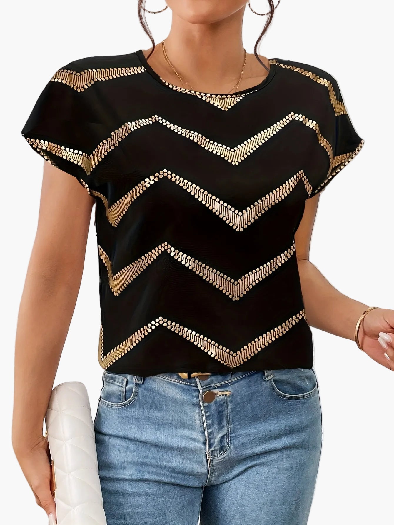 Elegant damt-shirt med geometriskt mönster för vardags- eller kvällslook