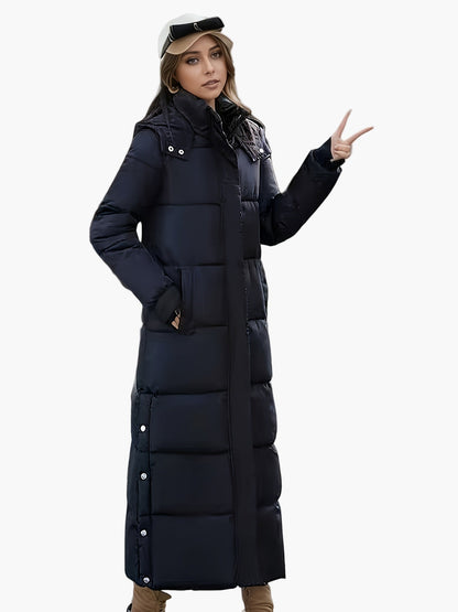 Manteau long matelassé à capuche pour femme, style élégant hiver, usage urbain et décontracté